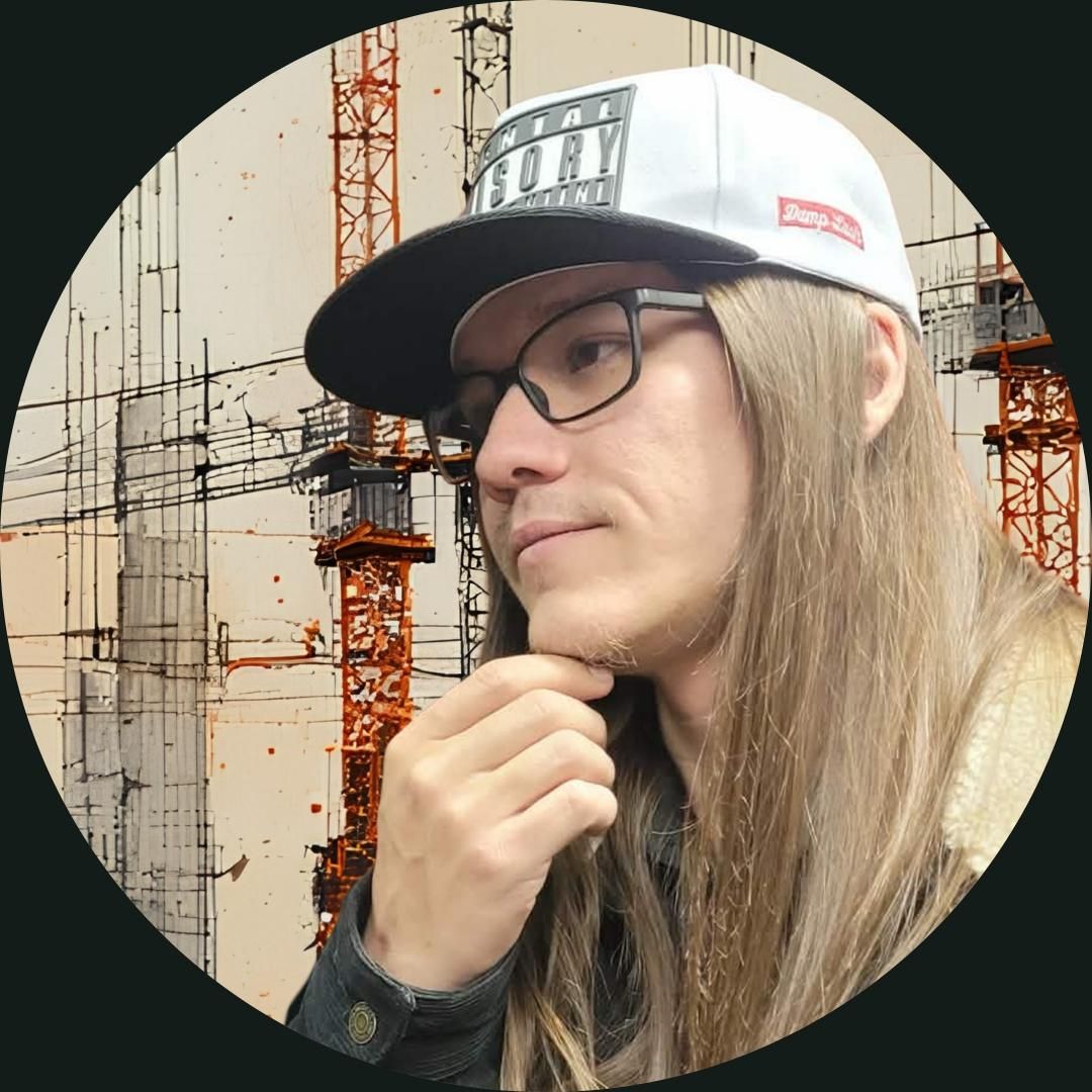 Mon'et press photo. White Parental Advisory cap, glasses, long hair, in front of a construction crane artwork.